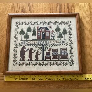 Framed Cross Stitch three bears Sampler, framed under glass